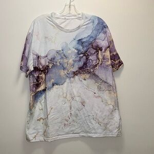 Abstract Watercolor Marble Print T-Shirt Blue Purple Gold Short Sleeve
